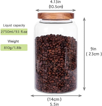 Large Glass Food Canisters, 93 FL OZ(2750ml) Kitchen Serving Stoarge Container with Airtight Wooden Lids, Cereal Dispenser Jars for Spaghetti Pasta, Powder, Spice, Tea, Coffee(8.8inch high)