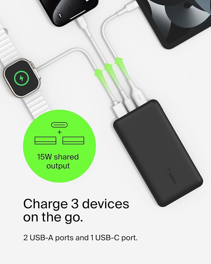 Belkin Portable Charger - 15W 3 Port Power Bank Battery Pack with 10000mAh Battery - Fast Charging for iPhone, Samsung Phone, More - USB C to USB A Cable Included
