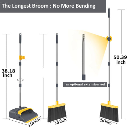 kelamayi Upgrade Broom and Dustpan Set, Broom with Dustpan Combo Set, Self-Cleaning with Dustpan Teeth, Indoor&Outdoor Sweeping, Stand Up Broom and Dustpan (Gray&Yellow)