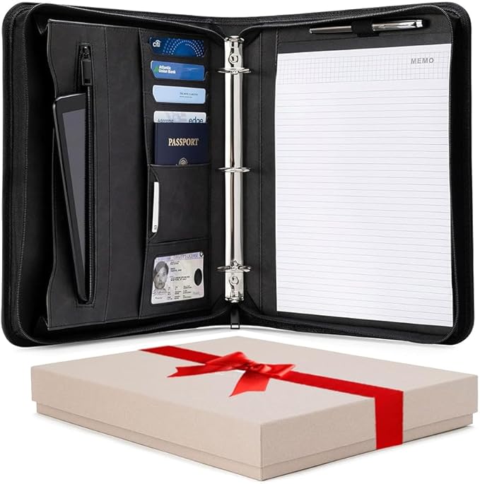 Forevermore Portfolios Portfolio Organizer - 3 Ring Binder with Notepad - 1.5 Inch Rings - Zippered Storage Pockets for Papers, Travel Documents, Presentation Folder, Cards, Passport, Tickets - Black
