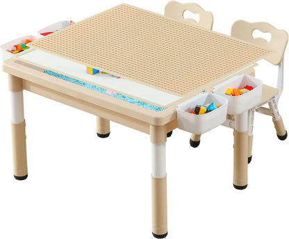Multi Functional Kids Table and 2 Chairs Set, Graffiti & Building Blocks Double-Sided Tabletop, Toddler Play Table with Drawers, Large Storage Space, Gift for Boys/Girls, Burlywood