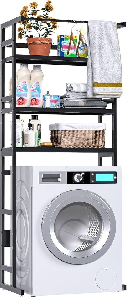 Dryer Storage Shel andf Over The Washer - Adjustable 4-Tier Heavy Duty Laundry Room Organizer, All Carbon Steel Standing Shelf with Hanging Rod, Anti-Tip Design, Super Stable 29.93" L x 11" D x 73" H