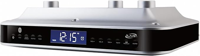 iLive Under Cabinet Bluetooth FM Radio for Kitchen, Wireless Stereo with Built-in Clock & Timer, 20 FM Presets, Negative LCD, 60-Ft Range, Under-Cabinet Mounting Hardware, AC Powered + Battery Backup