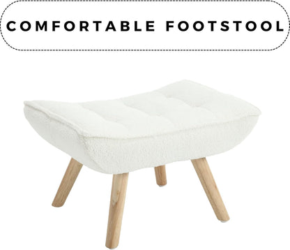 Modern Sherpa Accent Chair with Ottoman, Fluffy Upholstered Lounge Chair with Footrest, Comfy Living Room Side Boucle Armchair for Small Space Bedroom Apartment, White