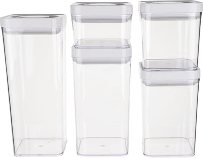 Amazon Basics Airtight Food Storage Containers, BPA Free, with Twist/Turn Lids, for Kitchen Pantry Organization, 10-Piece Square Set, Clear Plastic