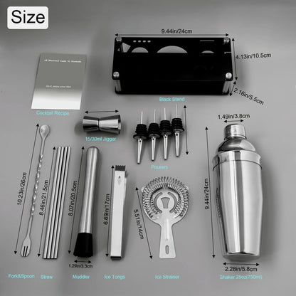 14-Piece Cocktail Shaker Set Bartender Kit with Black Stand, Bar Tool Set for Drink Mixing Bartending Kit Bar Sets Accessories: 750ml(25oz) Shaker, Jigger, Muddler, Cocktail Recipes (Silver)
