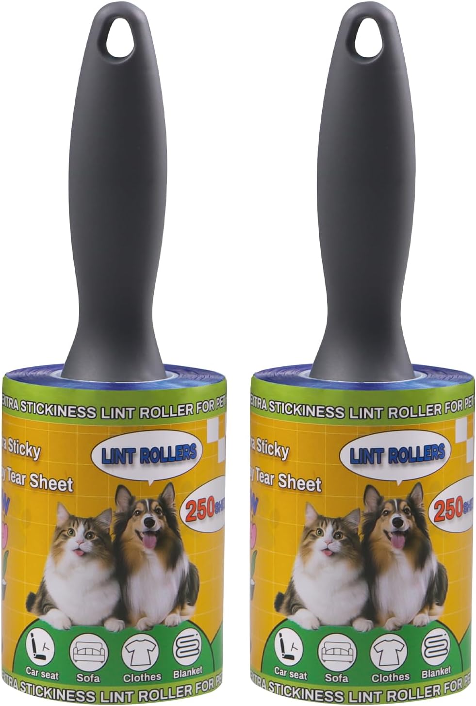 Lint Rollers 2 Pack for Pet Hair 500 Sheets Extra Sticky Pet Hair Remover for Clothes Furniture Carpet Cleaner Cars Dogs Travel-Friendly Grip Handle