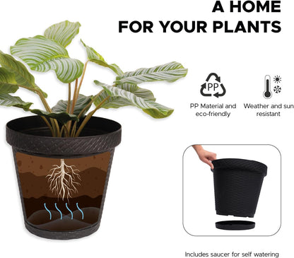 Elly Décor Set of 2 12 inch Round Saucer Modern Self Watering Planter Plates, Pots with Rattan-Like Finish, 12x12 Gray