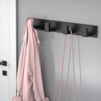 PMMASTO Coat Rack Wall Mount, Coat Hooks Wall Hooks for Hanging, Stainless Steel Coat Hanger Towel Hooks for Bathrooms, Coat Rack Hat Rack (Black 4 Hooks, 1 Pack)