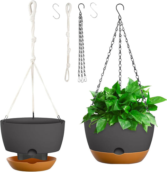 8 Inch Hanging Planters for Indoor & Outdoor Plants (2 Pack) - Self-Watering & Drainage Flower Pots with 2 Kinds of Plant Hangers for Home Decor & Garden (Deep Gray, 8 in)