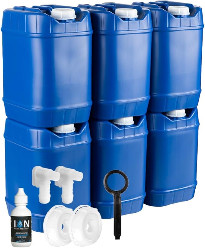 Stackable Water Containers with Lids, 5-Gallon Each, Emergency Kit Including Spigots, Wrench, and Water Preserver, 30 Gallons Total