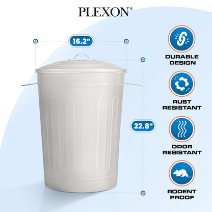 Plexon Round Trash Can 13 Gallon, Vintage Metal Outdoor Trash Can with Lid, Retro Farmhouse Garbage Container, Old School Modern Ash Bucket, Beige