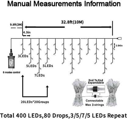 YEGUO 33ft 400 LED Icicle Lights Outdoor, 80 Drops Icicle Christmas Lights Connectable, 8 Modes White Icicle String Lights with Timer Memory Indoor