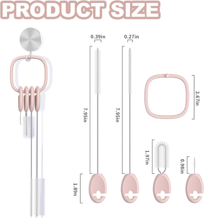 YOTIME Standing Straw Cleaner Brush Set, 4in1 Reusable Straw Brushes with Holder Ring, for Wide and Narrow Straws, Tumblers, Water Bottles and Cups, Pink