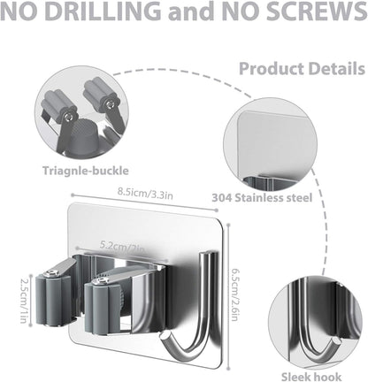 Mop Broom Holder No Drill, Mop Broom Organizer Wall Mounted Heavy Duty with Hooks Hanger, Self Adhesive Stainless Steel 4Pcs for Bathroom, Kitchen, Office (Silver)