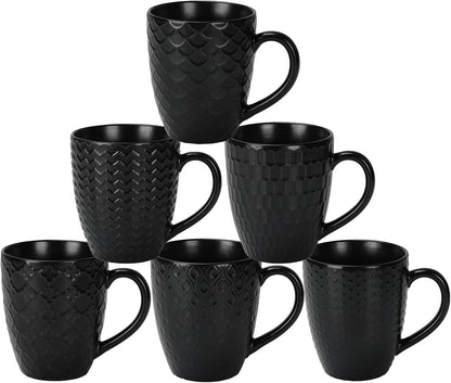 16 OZ Bone Coffee Mugs Set of 6 Matte Black, Large Ceramic Coffee Mugs Set with Different Texture Patterns, Porcelain Cups with Handle for Espresso Latte Tea Milk