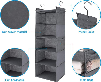 MAX Houser 5 Shelf Hanging Closet Organizer, Space Saver, Cloth Hanging Shelves with 4 Side Pockets, Foldable, Grey