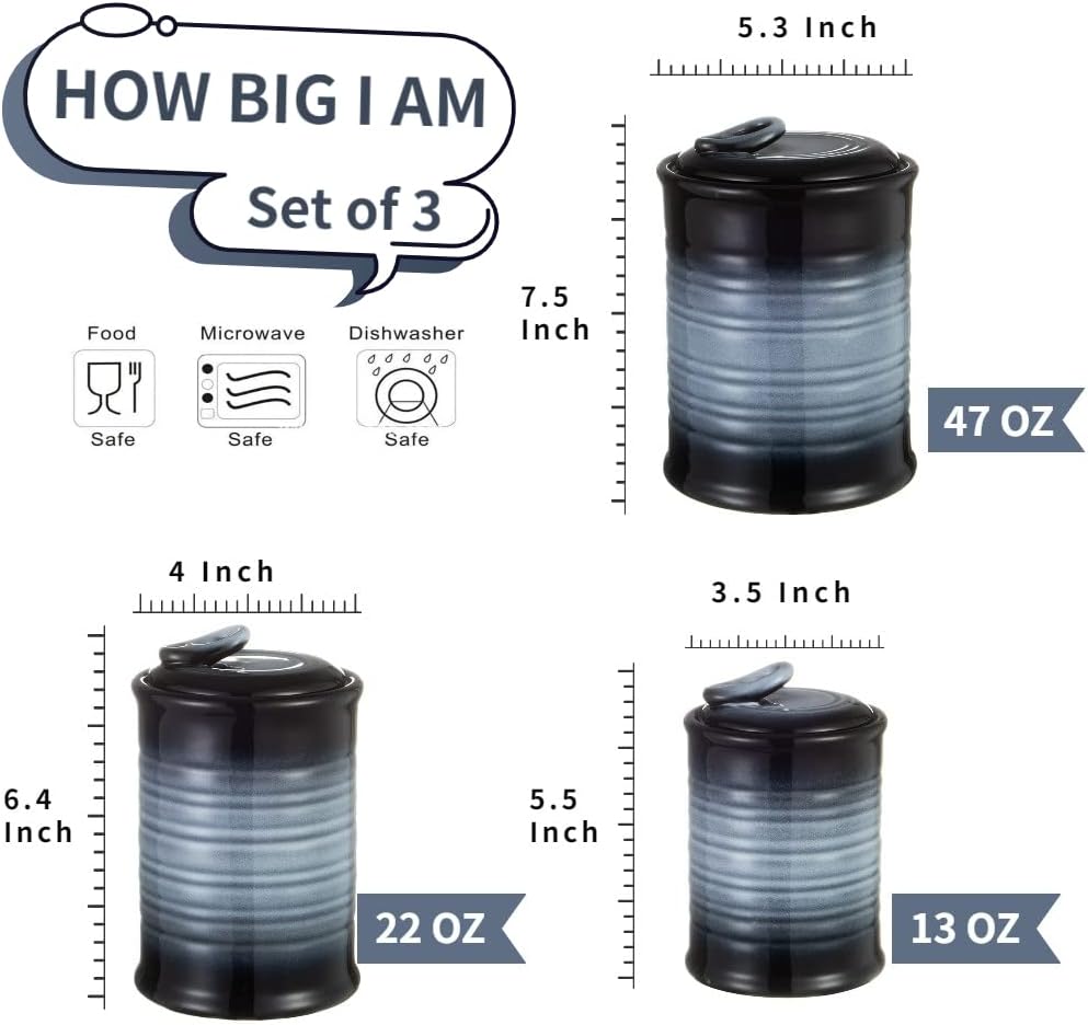Nihow Ceramic Food Storage Jar Sets: Container with Air Tight Ceramic Lid for Flour/Sugar/Rice/Coffee/Cookies/Candy - Seal Damp-proof Canister for The Kitchen - Set of 3 （Gray）