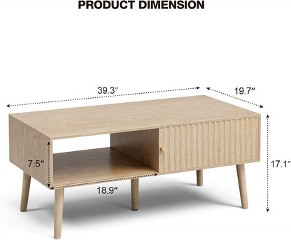 Coffee Table with Storage, Boho Dining Table with Sliding Fluted Door and Solid Wood Legs, Small Coffee Tables for Living Room, Oak