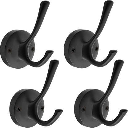 Matte Black Wall Hooks, 4 Pack Heavy Duty Coat Towel Hook Metal Double Backpack Hook Wall Mounted, Bath Towel Hooks for Entryway Cubicle Bathroom Closet Garage