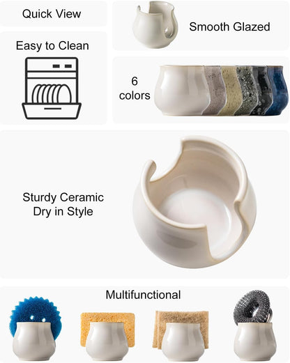 Sponge Holder for Kitchen Sink Counter, Ceramic Dish Sponge Caddy White Sink Organizer Dish Rack Farmhouse Brush Holder for Bathroom, Kitchen, White