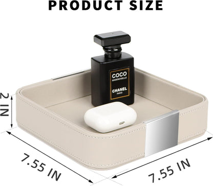 SANZIE Luxury Leather Desktop Storage Small Catchall Organizer Decorative Tray for Entryway Table to Hold Jewelry Watch Cosmetics Keys Phone Wallet, Home & Office Accessories (Metal Silvered, Grey)