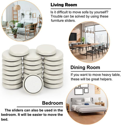 1-1/5 inches Stick Furniture Sliders, 24pcs Furniture Glides for Easy Moving on Carpet Hardwood (Beige)