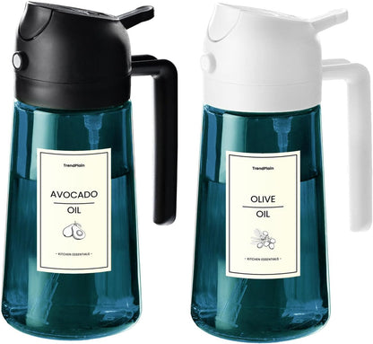 TrendPlain 16oz/470ml Blue Glass Olive Oil Sprayer for Cooking - 2 in 1 Olive Oil Dispenser for Kitchen Gadgets, Air Fryer, Salad, and BBQ - Black & White