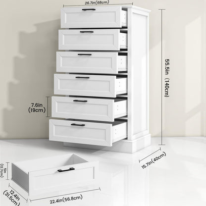 White 6 Drawer Dresser, 55 Inch Tall White Dresser for Bedroom, Modern Farmhouse Style Chest of Drawers for Bedroom Living Room, Wood Rustic Tall Clothing Organizer for Closet, Living Room, Hallway