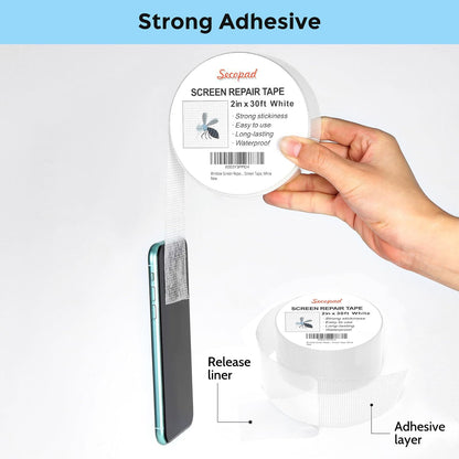 White Window Screen Repair Tape, 2 in X 30 FT (360IN) Kit for Windows or Doors, Strong Adhesive Patch Fiberglass Mesh Repair