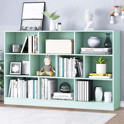 IOTXY Open Shelf Low Bookcase - Wooden 3-Tier Floor Standing Display Cabinet Organizer with Base, 10 Cubes Short Horizontal Bookshelf in Tiffany-Green