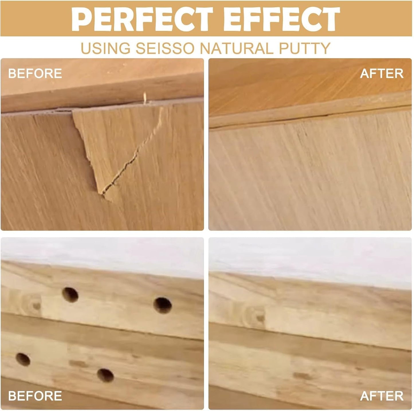 SEISSO Wood Filler, Natural Wood Putty for Trim, Wood Filler Paintable, Stainable, Water-Based Wood Putty Filler Outdoor, Wood Repair Kit - Restore Wooden Table, Cabinet, Floors, Door