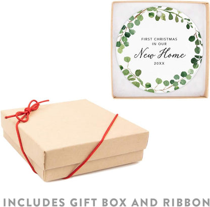 Andaz Press Custom Year Round Ceramic Porcelain Christmas Tree Ornament Keepsake Collectible Gift, First Christmas in Our New Home 2025, Woodland Wreath Deer, 1-PackHousewarming Gift Ideas