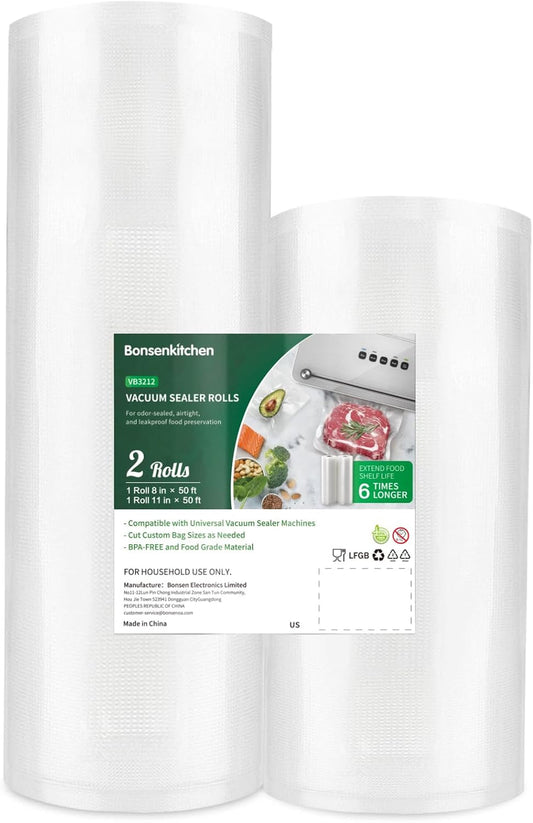 Bonsenkitchen Vacuum Food Sealer Rolls Bags, 8" x 50' & 11" x 50' Commercial Grade BPA Free Bag Rolls, Durable Customized Size Food Vac Bags for Storage and Sous Vide Cooking VB3212