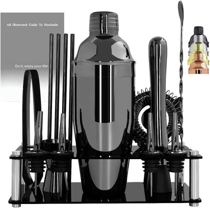 14-Piece Cocktail Shaker Set Bartender Kit with Black Stand, Bar Tool Set for Drink Mixing Bartending Kit Bar Sets Accessories: 750ml(25oz) Shaker, Jigger, Muddler, Cocktail Recipes (Black)