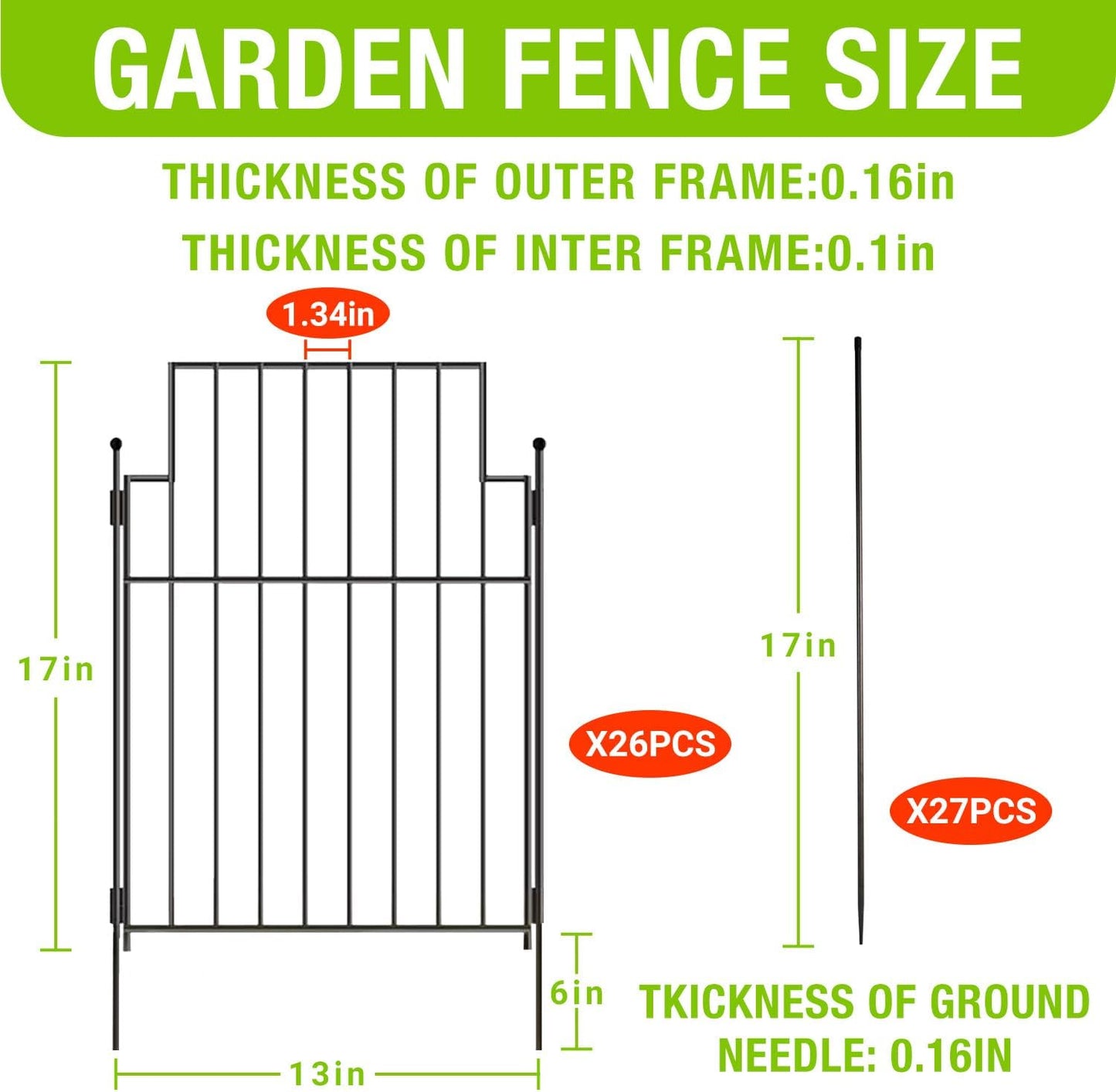 Decorative Garden Fence Fencing Panels,Rustproof Metal No-Dig Animal Barrier,Flower Bed Edging Dog Fence for Yard, Garden, Patio, Rabbits,Vegetable Plots (26 Panels-17in(H) x28ft(L)