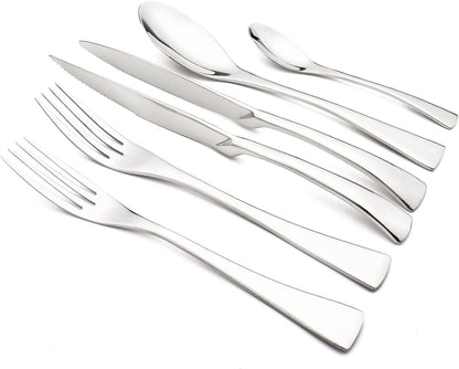 24-Piece Silver Flatware, Mirror 18/10 Stainless Steel Modern & Luxury Dinnerware Set With Serrated Steak Knife Teaspoon For Daily Use or Dinner Party Restaurant - Service For 4