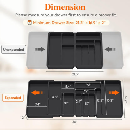 Lifewit Large Silverware Drawer Organizer, Plastic Cooking Utensil Tray for Kitchen, Expandable From 21 to 36 Inches, Adjustable Flatware Cutlery Spoon Fork Knife Spatula Gadgets Holder, Black