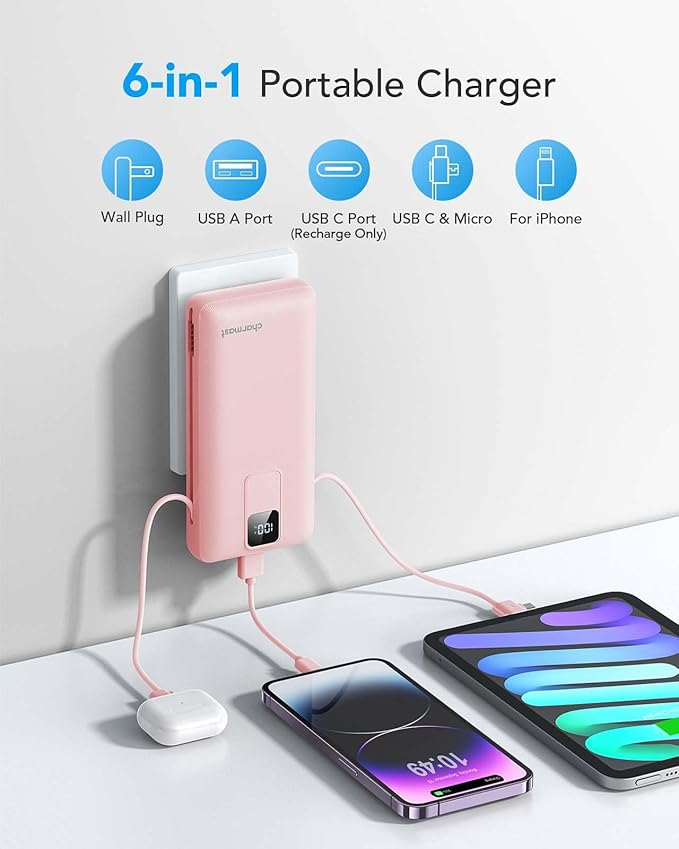 charmast Portable Charger with Built-in Cables and Wall Plug, 20000mAh 20W USB C Power Bank Fast Charging Battery Pack Travel Essentials Compatible with iPhone 16/15/14/13 Series, Samsung Google iPad