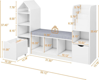 Vabches Kids Bookcase and Bookshelf with Reading Nook, Multifunctional Bookcase with 7 Storage Cubbies 2 Movable Drawers, Bookcases with Seat Cushion for Toy Storage Organizer Children's Room, Bedroom