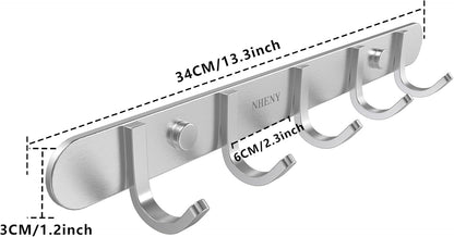 Coat Hook Rack Hanger –Towel Hook Rail with 5 Hooks 13-Inch Wall Mounted for Bedroom, Bathroom, Hallway, Garage, Garden, Office, 304 Stainless Steel Brushed Nickel, Easy Installation (Silver)