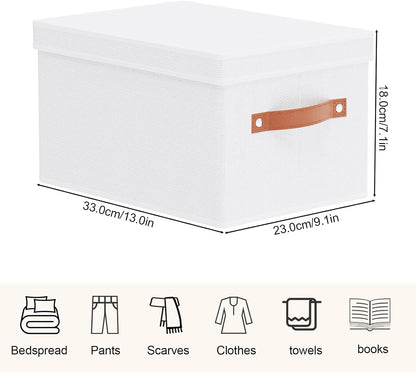 Fabric Storage Bins, 7.1 x 9.1 x 13 Inch Clothes Boxes for Shelves with Lids, Baskets for Organizing with Handles, Decorative Linen Closet Organizers, White, 1 Pack