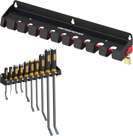 UNITEDPOWER Pry Bar Holder, Lockable Wall Mount Storage Rack Organizer for Workshop, Shed, Garage, Home, Stores up to 10 13 Tools or Extensions