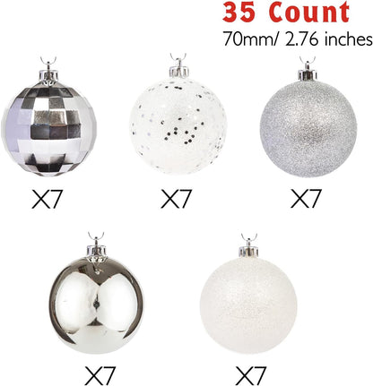 Every Day is Christmas Ornaments, Shatterproof Christmas Tree Ornament Set, Christmas Balls Decoration 35 Count (2.75"/70mm, White Silver)