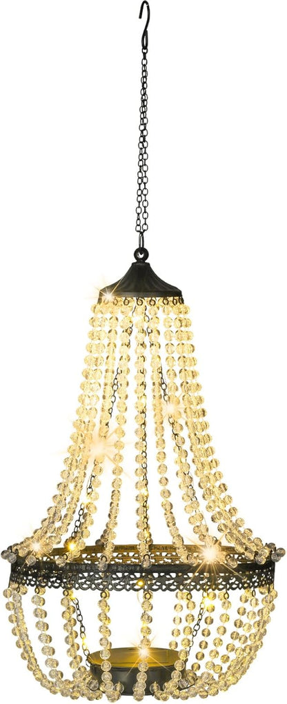 Hanging Solar Chandelier Outdoor, 30 Warm White Lights Acrylic Clear Beaded Chandelier with S Hooks Modern Lantern for Garden Yard Patio Gazebo Decorations, 28”H