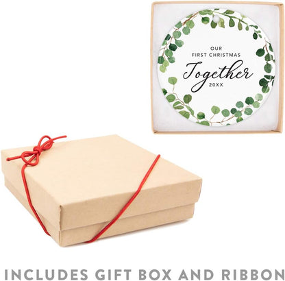 Andaz Press Custom Year Round Ceramic Porcelain Christmas Tree Ornament Keepsake Collectible Gift, Our First Christmas Together 2025, Farmhouse Eucalyptus Wreath, 1-Pack