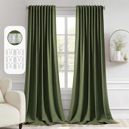 MIULEE Olive Green Back Tab Blackout Curtains 108 Inch Long 2 Panels Set for Bedroom, Rod Pocket/Pinch Pleat Extra Long Thermal Insulated Living Room Darkening Pleated Light Blocking Drapes