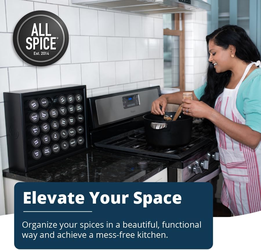 AllSpice Spice Rack Organizer, Wood, 525 Unique Labels, Countertop or Wall Mount, Includes 30 4oz Jars- Matte Black
