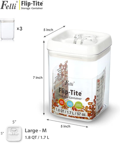 Felli Flip Tite Food Storage Containers With Lid 5" LARGE Airtight Ring Lock Flip Top, Square Acrylic Canister Jar for Rice Sugar Flour Protein Powder, Kitchen Pantry Organizer, Gift Set (1.8qt)