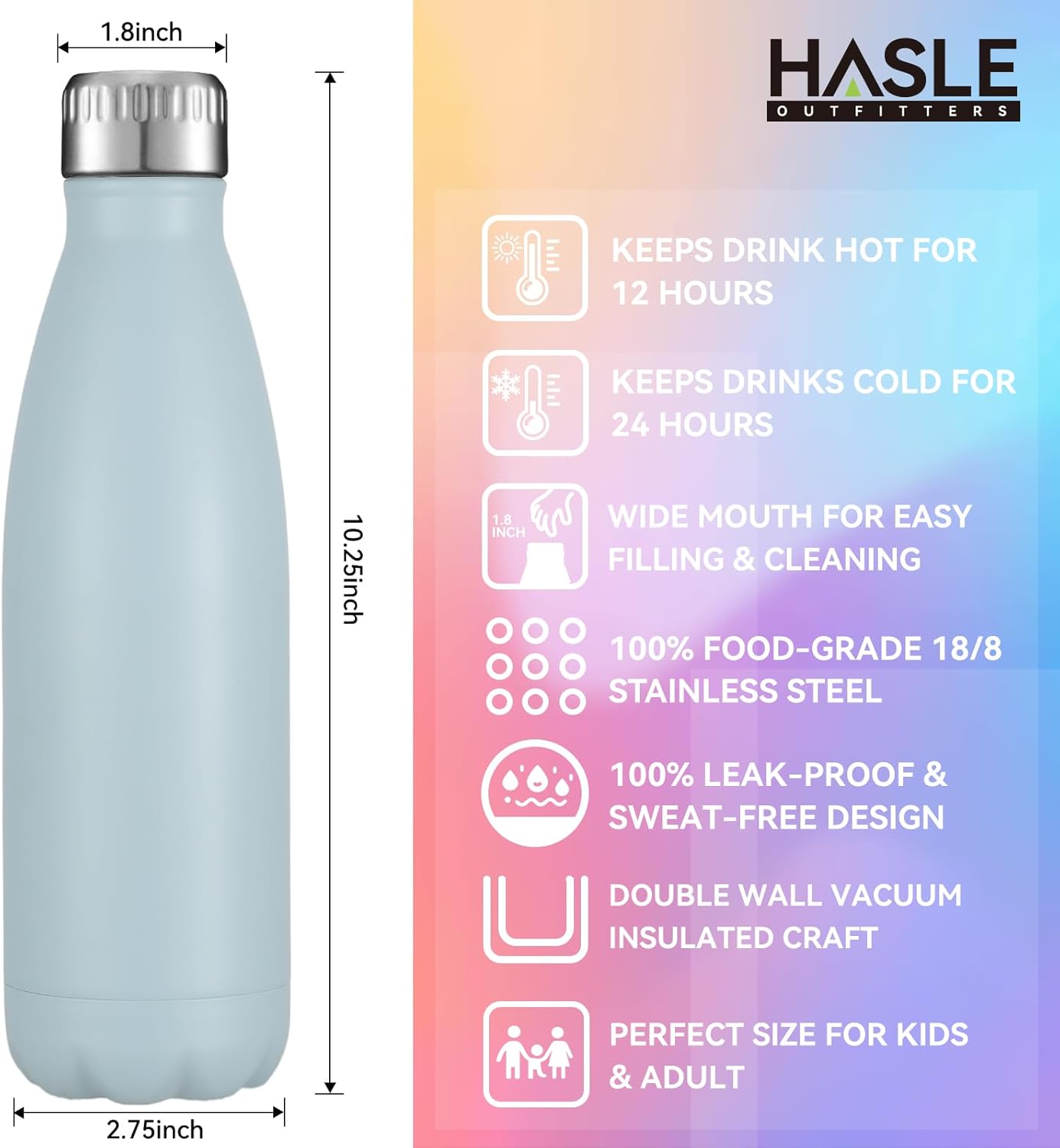 HASLE OUTFITTERS 17oz Stainless Steel Water Bottles Bulk, Vacuum Insulated Water Bottles Double Walled Reusable Metal Sports Water Bottles Keep Drinks Hot and Cold, Light Blue, 4Packs